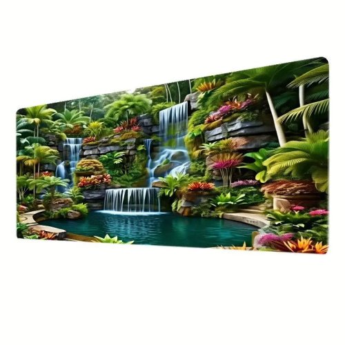 Almofada para rato grande 3D de cascata tropical, tapete de secretária natural vívido, antiderrapante e durável para escritório e casa, design moderno e fresco