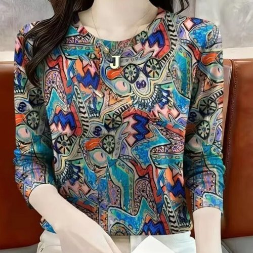 여성용 긴팔 티셔츠 라운드넥 기하학 프린트 캐주얼 루즈핏 봄 신상