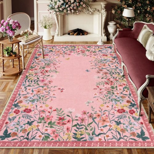 Roze bohemian vloerkleed voor woonkamer, antislip, wasbaar in de machine, zacht, groot formaat