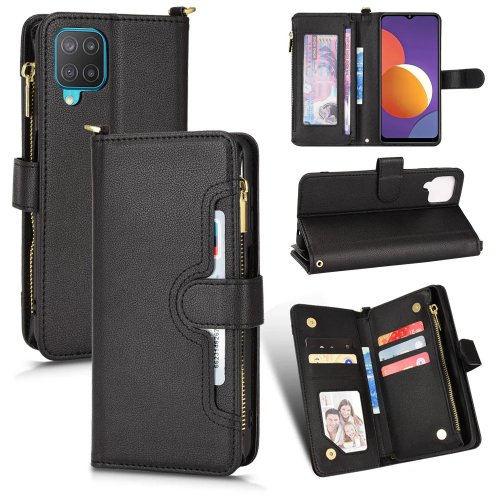 ซองหนังหรูหราพับได้สำหรับ Samsung Galaxy A12/M12 ช่องใส่บัตรหลายช่อง พร้อมซิปและขาตั้ง