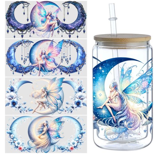 5 vellen Moon Fairy UV DTF Bekerstickers, Glazen Beker DTF Transferstickers, waterdicht magisch Moon Fairy afveegbaar transferpapier