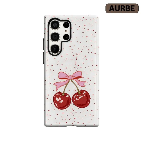 Casing HP Cherry Bow Hearts untuk Samsung Galaxy S26 S25 S24 S23 Ultra Plus, Cover Film Ganda Lapis Keras HD
