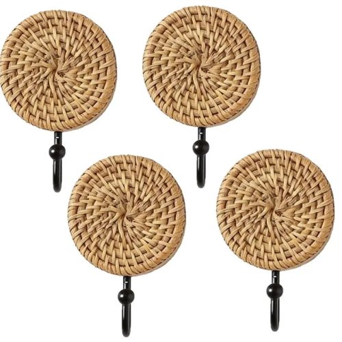 Crochets muraux en rotin style bohème - lot de 4, porte-manteau bois vintage pour la maison