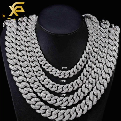 3-reihige Halskette aus Sterlingsilber 925 mit Moissanit, Cuban Link Kette, Hip Hop VVS (14-20mm)