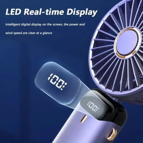 Opvouwbare ventilator met telefoonhouder, 5 snelheden, USB-C oplaadbaar, LED-display, hand- en bureauventilator, draagbaar voor reizen en cadeau