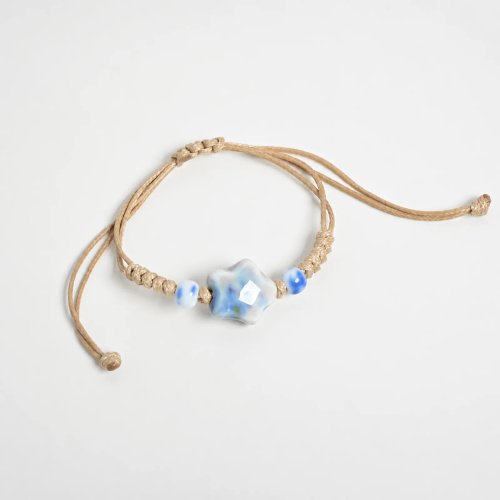 Pulsera artesanal de cuentas de cerámica estrella azul y verde con cordón de cera tejido ajustable, joyería artesanal