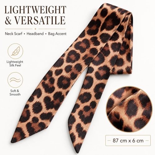 Echarpe de seda fina com estampa de leopardo, comprida e estreita, para cabeça e bolsa