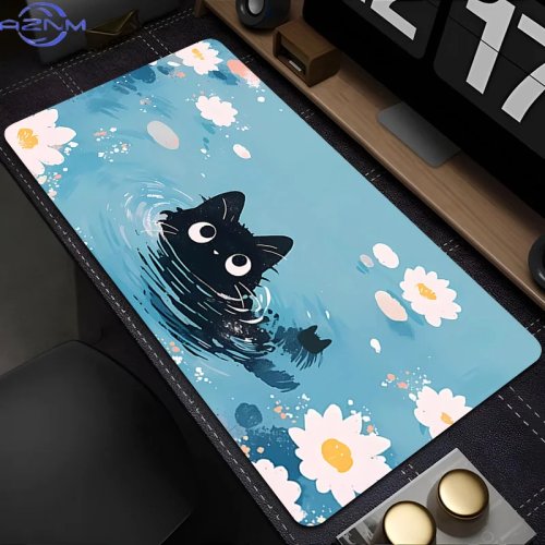 かわいい花柄の猫ブラックマウスパッド、ゲーミング・オフィス用デスクマット、PCアクセサリー