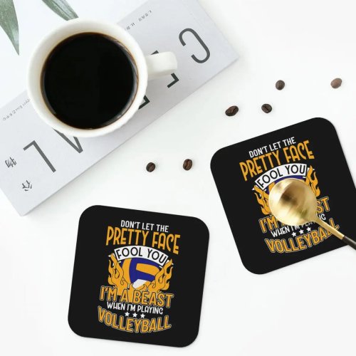 Coaster PVC Kulit Sintetis dengan Tulisan 'Saya Binatang Saat Main Voli' - Set 6 Alas Meja Minum Anti Air untuk Dapur dan Ruang Makan