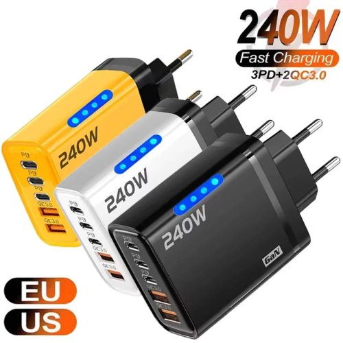 Ładowarka do telefonu 240W GaN 5 w 1, zasilacz USB C z wtyczką EU/US, ładowarka ścienna do iPhone, Samsung, Xiaomi