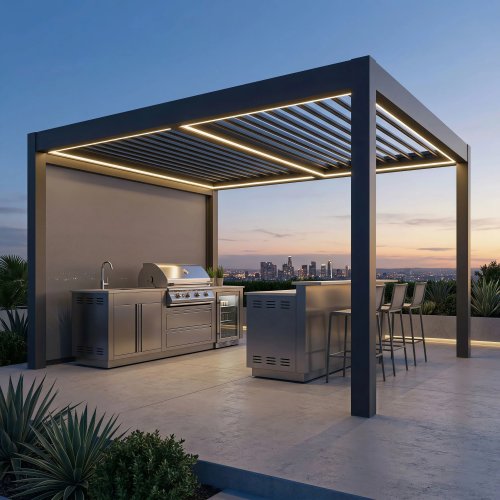 Personalizowana luksusowa pergola aluminiowa z oświetleniem LED i roletami, zacienienie do ogrodu