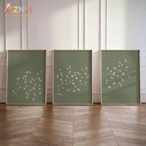 AZNM Póster de Arte de Pared Japonés Verde Minimalista con Tres Grupos de Pájaros y Animales en Lienzo para Salón Moderno