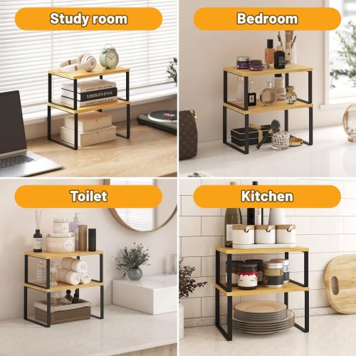 4 Pack Stackable Expandable Cabinet Organizer Shelf, Metal & Wood Kitchen Counter Storage Spice Rack, Black and Beige