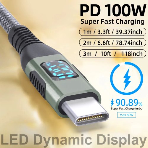Cáp USB-C sang USB-C 100W có màn hình LED, PD 5A sạc nhanh, bện nylon, dây sạc cho iPhone 16/15, MacBook, iPad