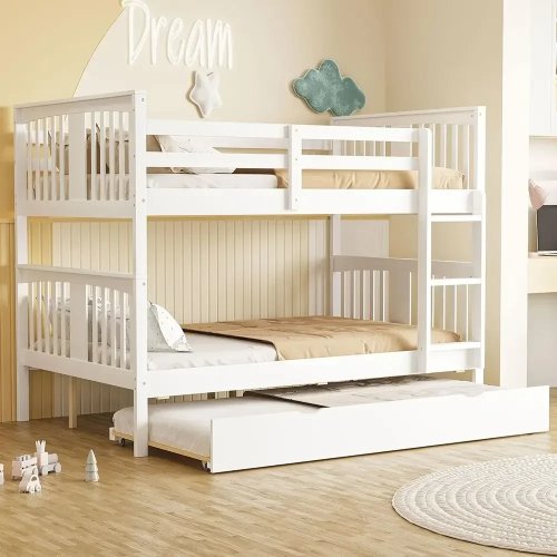 Grijs houten stapelbed in eenpersoonsmaat met uitschuifbed en ladder, ruimtebesparend ontwerp