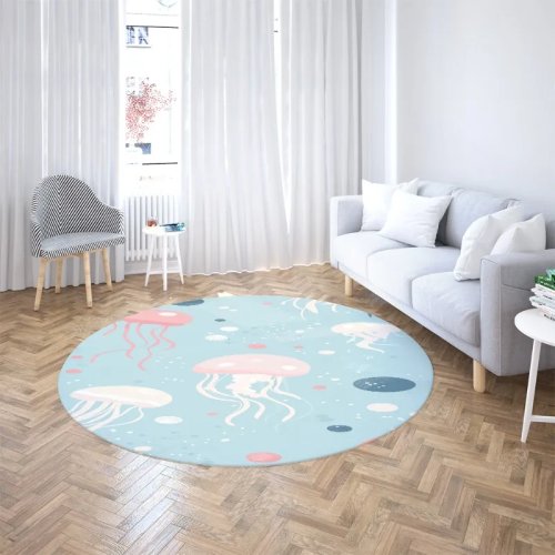 Rond vloerkleed met cartoonkwal, antislip, met oceaan dierprint, voor speelkamer, slaapkamer of decoratie naast de bank