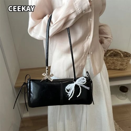 Tas Bahu Wanita CEEKAY – Tas Tangan Kulit PU dengan Gantungan Mutiara dan Pita, Gaya Kasual Manis
