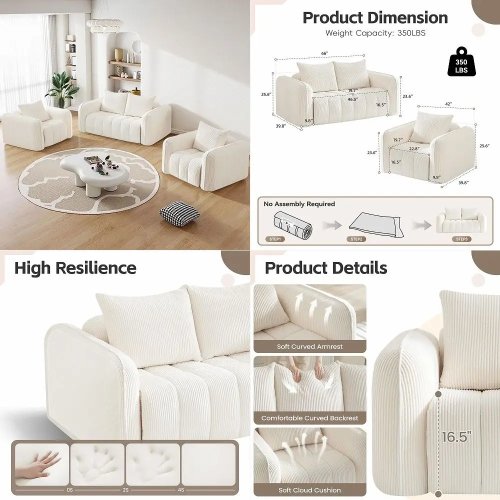 Sofa Bed yang Dapat Dilipat, Convertible 5-in-1 dari Kain Korduroi, dengan 2 Bantal, untuk Ruang Kecil, Ukuran King