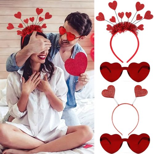 Set costume fascia per capelli a cuore e occhiali da sole per San Valentino – Fascia rossa carina per festa, accessorio per capelli