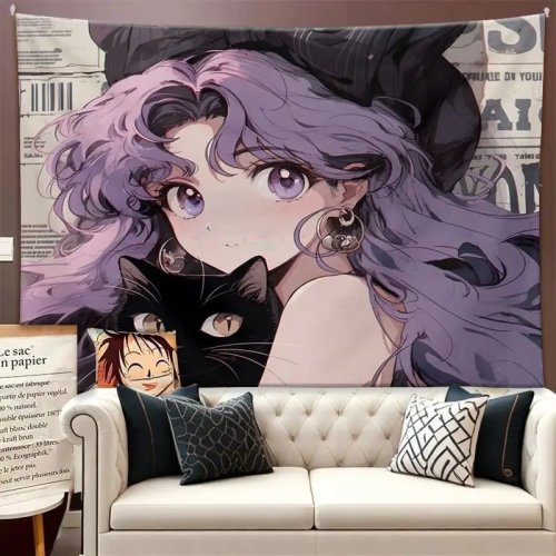 VIKAMA Tấm thảm Anime những năm 90, Cô gái tóc tím cắt dán báo treo tường, Trang trí tường retro và ngầu