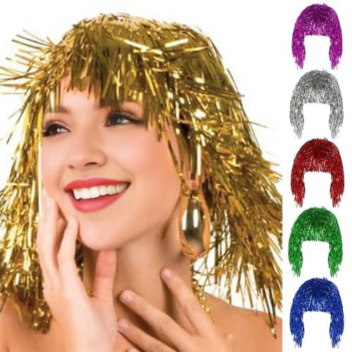 Peruca disco brilhante com purpurina e chapéu de festa para adultos – acessório de fantasia metálico divertido