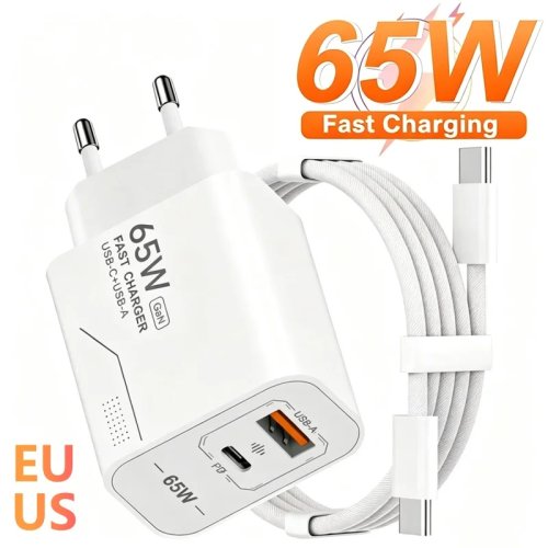 65W GaN USB C Ladegerät, 2-Port Schnelllade-Netzteil für iPhone Samsung Xiaomi, EU/US Stecker