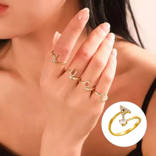 CARLIDANA Anillo ajustable para mujer con inicial de circonia - Anillo abierto apilable de acero inoxidable