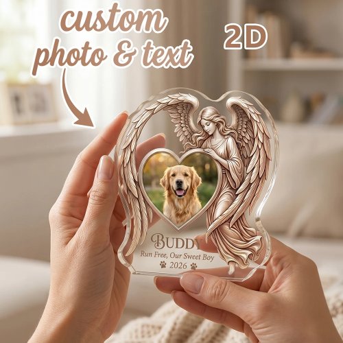 Bảng kỷ niệm acrylic có cánh thiên thần cá nhân hóa cho thú cưng, món quà chia buồn khi mất chó/mèo, để bàn và trên lò sưởi