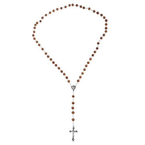 Collar de Rosario Retro con Cuentas de Madera y Colgante de Crucifijo para Mujer