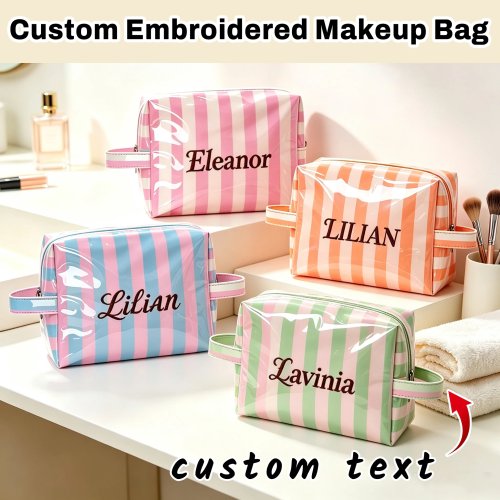 Neceser de maquillaje personalizado con letras bordadas, impermeable, de rayas, gran capacidad, bordado fino, varios colores