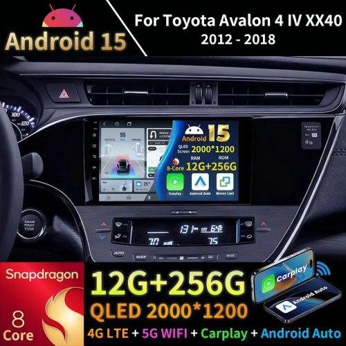 Rádio de automóvel Android 15 para Toyota Avalon 4 IV XX40 2012-2018, CarPlay sem fios, Navegação, Câmara 360, RDS