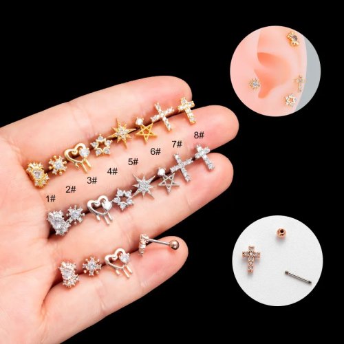 Aretes de acero inoxidable quirúrgico para cartílago, tragus y hélix con circonita cúbica, cierre de bola