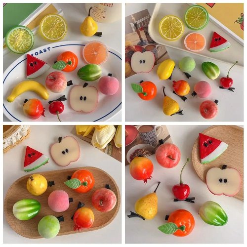 Forcina di frutta divertente (ciliegia, limone, pesca) - Fermacapelli finto carino per tutti i giorni e accessorio per foto