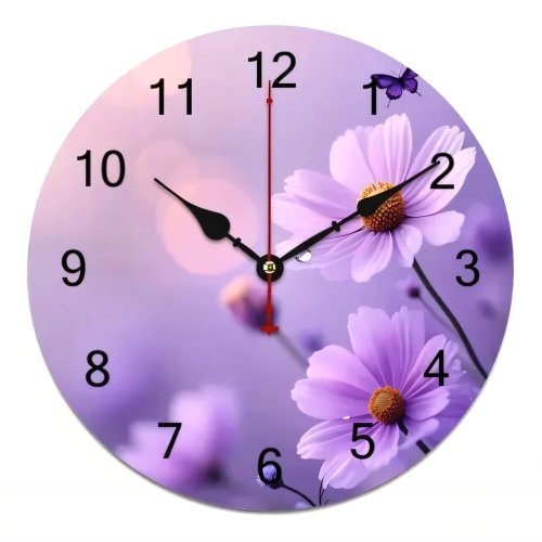 Horloge murale ronde rétro avec fleurs mauves pastel, silencieuse, sans tic-tac, à piles, décoration maison