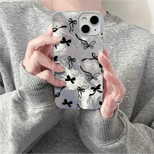 Black Bow Butterfly Print Glacier Pattern Phone Case for iPhone 17 16 13 12 11 15 14 Pro Max Plus X XR Hard Cover