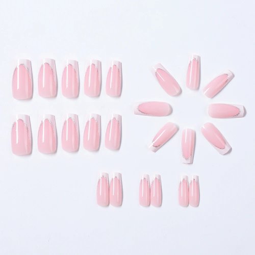 Ongles press-on longs en forme de cercueil, French manucure rose nude et blanc avec bord pailleté argenté, brillants, réutilisables, accessoires de manucure quotidienne