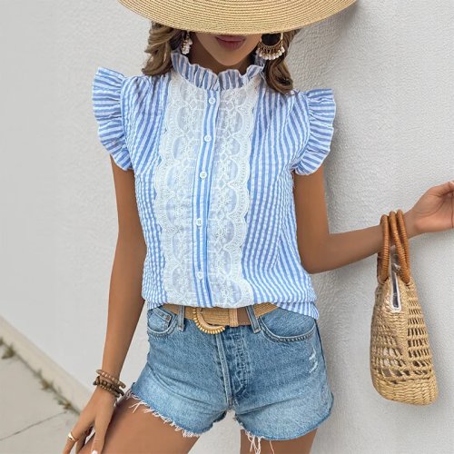 Blusa donna estiva a righe con pizzo e maniche a farfalla