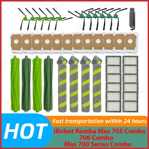 Pièces de rechange pour iRobot Roomba Max 705/706/700 Series Combo - Brosse latérale, filtre, serpillière à rouleau, sac à poussière