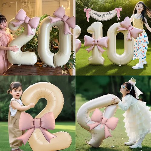 Ballon foil numéro 40 pouces blanc cassé avec nœud rose (1-10) pour décoration de fête d'anniversaire/anniversaire de mariage et accessoire photo