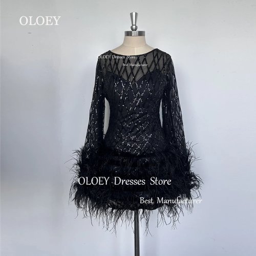 OLOEY Robe de cocktail noire courte à plumes et paillettes, col rond, pour soirée/bal, sur mesure