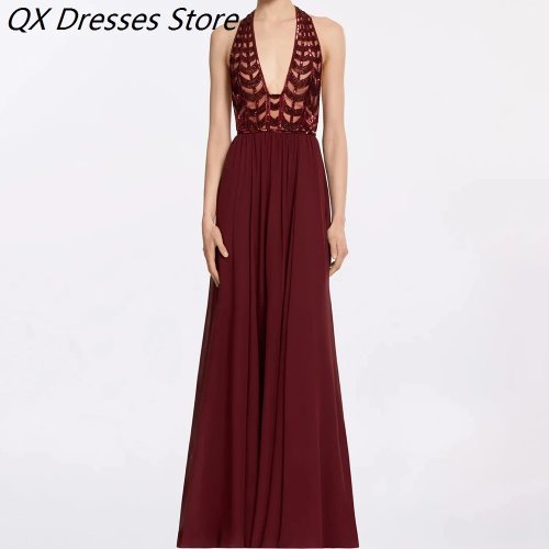 Vestido de fiesta para mujer, línea A, hasta el suelo, escote en V, sin mangas, con lentejuelas, sencillo, a medida