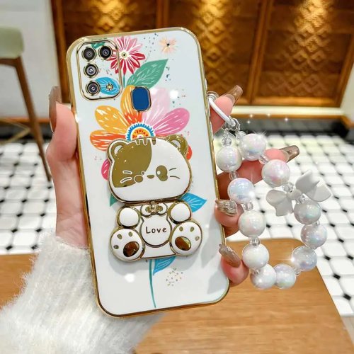 3 шт.: Чeхол с радужными цветами + Шнурок + Подставка кот для Samsung Galaxy M31/M02/A55 5G/A51/A53 5G/M31 Prime