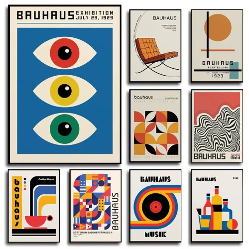 Tela stampata Bauhaus minimalista - Poster murale geometrico musica vinile metà secolo per soggiorno moderno