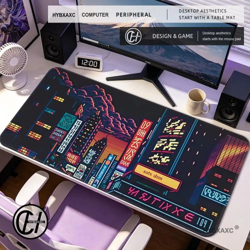 HYBXAXC Retro Vaporwave Gaming Mauspad – Neon Tokyo Skyline Pixel Art, Schreibtischunterlage