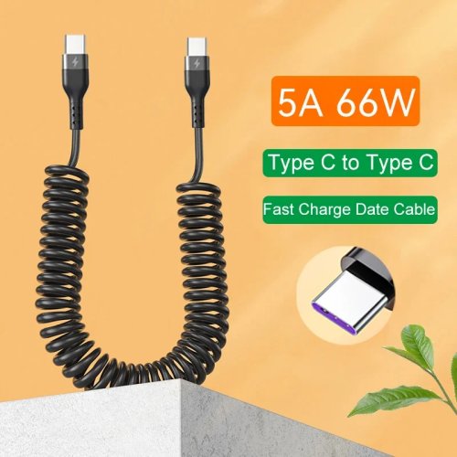 Cavo USB Type-C 66W di ricarica rapida per auto, 5A, Type-C a Type-C, cavo a spirale telescopico per iPhone 15, Samsung, Huawei, Xiaomi, Redmi, OnePlus