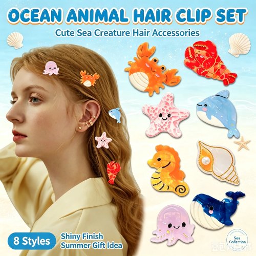 Mini Cute Ocean Animal Hair Claw Clips, Small Cartoon Hair Catch for Baby Hairs & Bangs, Stackable Lovely Hair Accessory for Beach, Vacation, Daily Wear, Parties & Holiday Gifting