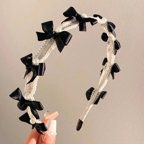 Elegante haarband in Franse stijl met kunstparels en strik, lichtgewicht haaraccessoire voor dames in zwart en wit