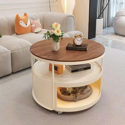 Cream Style Round Coffee Table, Mobile with Wheels and Storage Shelf