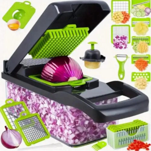 Conjunto de cozinha multifunções de 16 peças - Picador de legumes e frutas, ralador manual, cortador de cebola e batata, design compacto, pode ir à máquina de lavar loiça, acessórios de cozinha e viagem