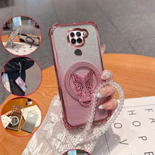 Custodia telefono antishock e anti-caduta per Redmi Note 9/9S, con farfalla glitterata, supporto e cordino in cristallo